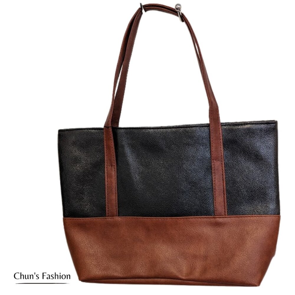 Women's Medium Sized Black & Brown Colorblock Vegan Faux Leather Tote Bag NWT